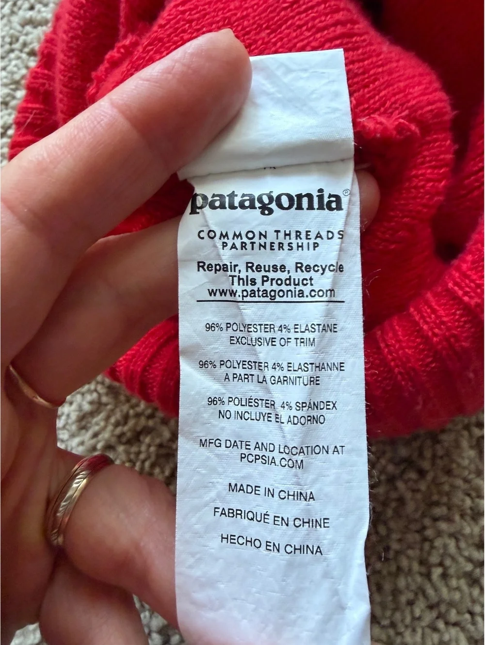 Patagonia Powder Town Beanie red grey orange ribbed cuff pom pom